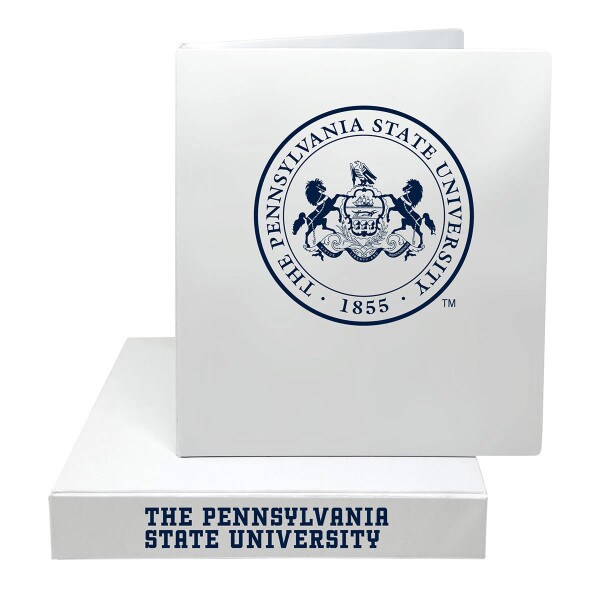 white binder with white Pennsylvania State University Seal on front, The Pennsylvania State University on spine